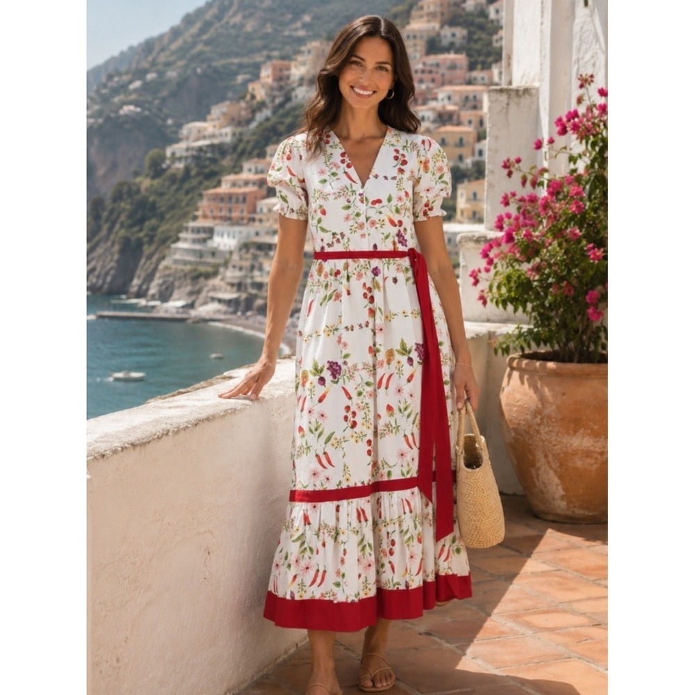 NWT CELINA MOON Anthropologie Strawberry Print Cotton Puff Sleeve Midi Dress L